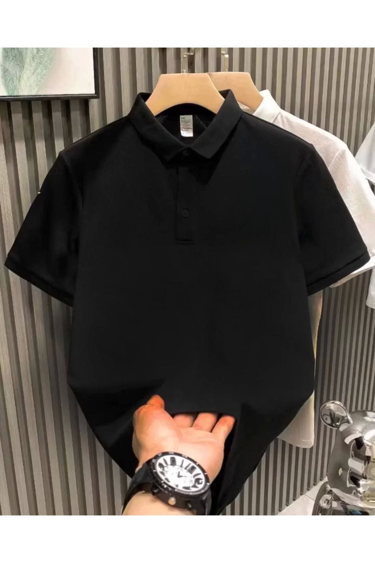 AE Stil Yakası Düğmeli Yakalı Pike Düz T-Shirt - Siyah