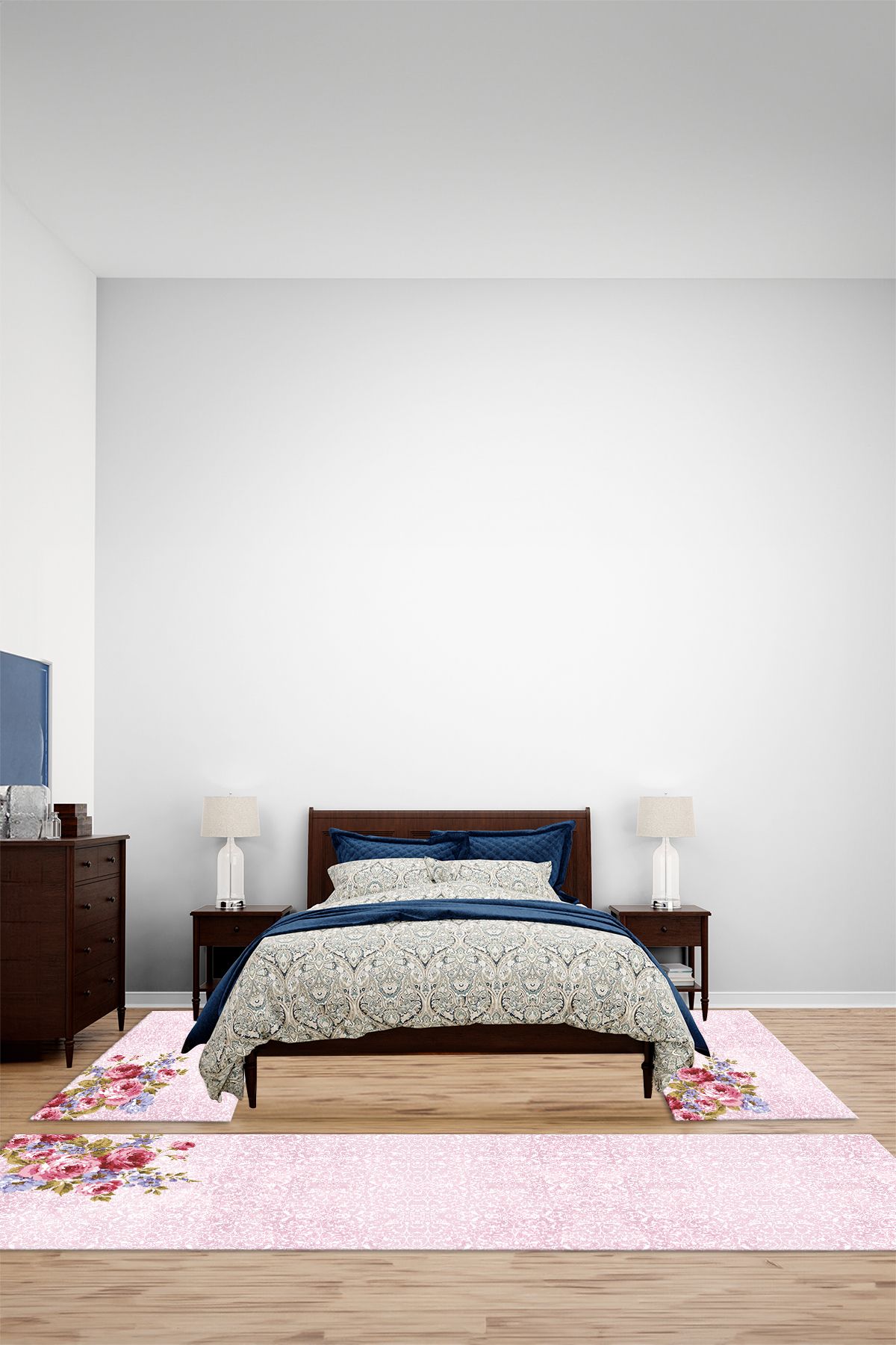 Viyana Home Modern Dijital Kaymaz Renkli Çiçek Model Yıkanabilir Üçlü Yatak Odası Halısı, YO-MODERN-253-PEMBE,
