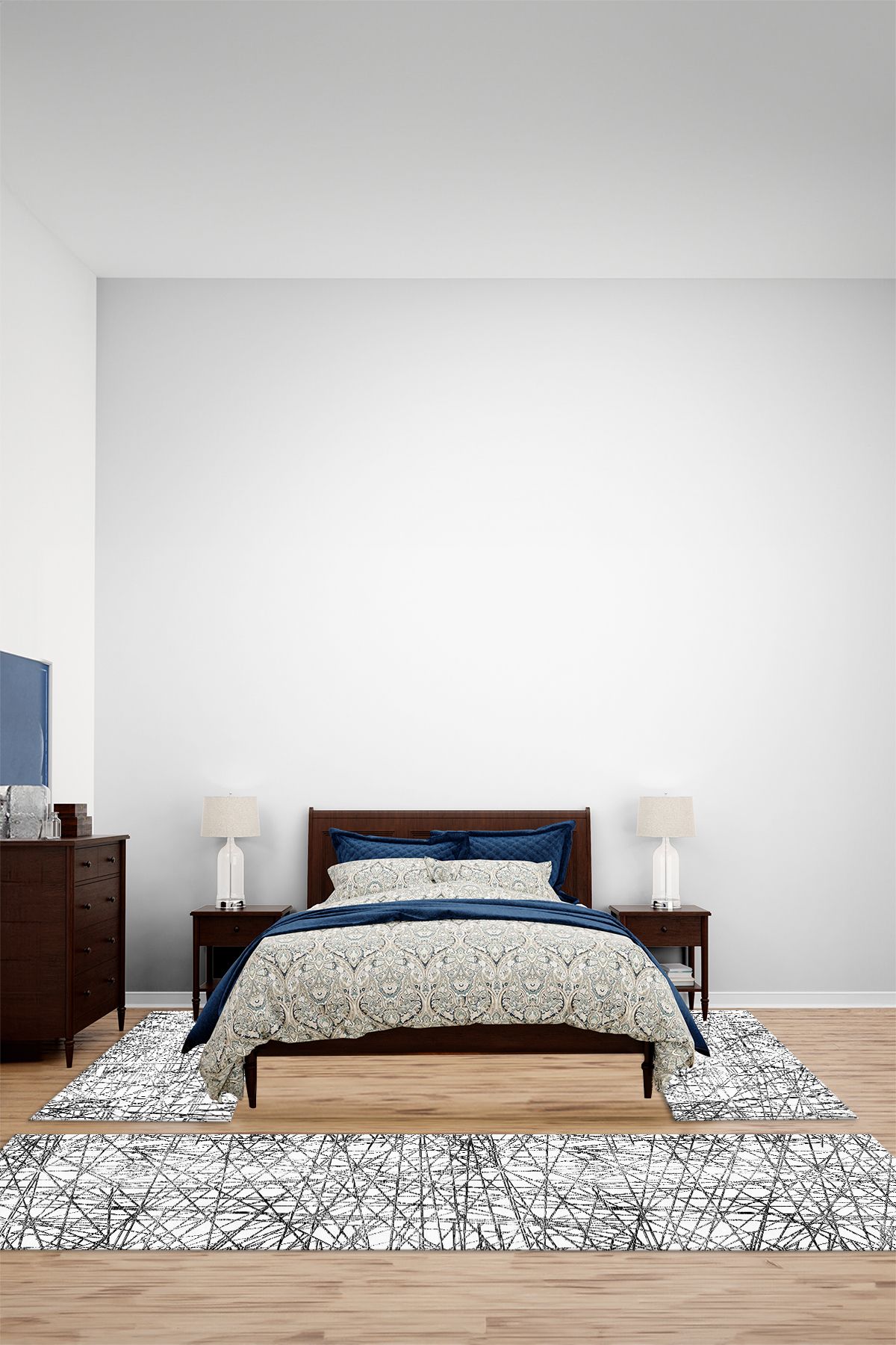 Viyana Home Modern Dijital Kaymaz Karmaşık Çizgi Model Yıkanabilir Üçlü Yatak Odası Halısı, YO-MODERN-293-BEYAZ,