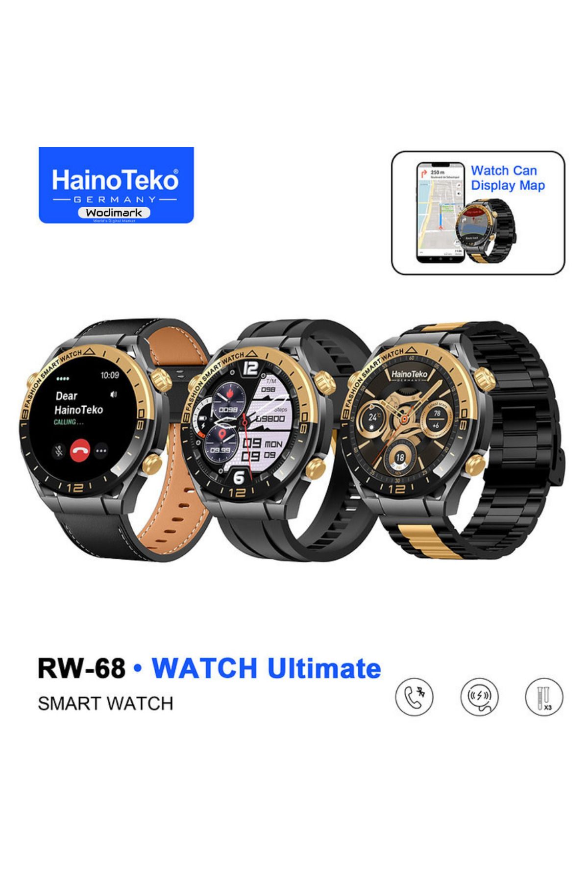 Wodimark Germany RW-68 Premium Erkek Akıllı Saat 3 Kordon Arama Sağlık Spor Takip Navigasyon Akıllı Saat Gold