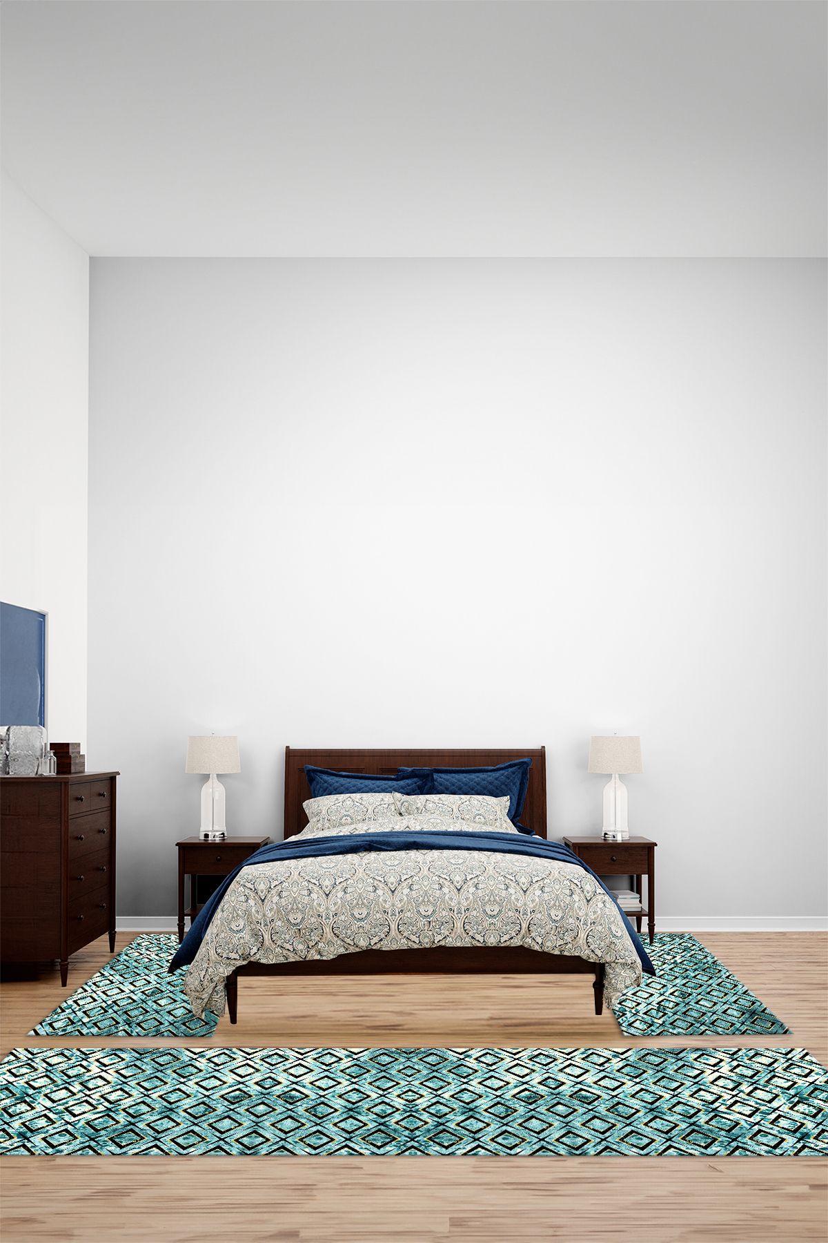 Viyana Home Modern Dijital Kaymaz Taban Cam Modelli Yıkanabilir Üçlü Yatak Odası Halısı, YO-MODERN-263-TURKUAZ,