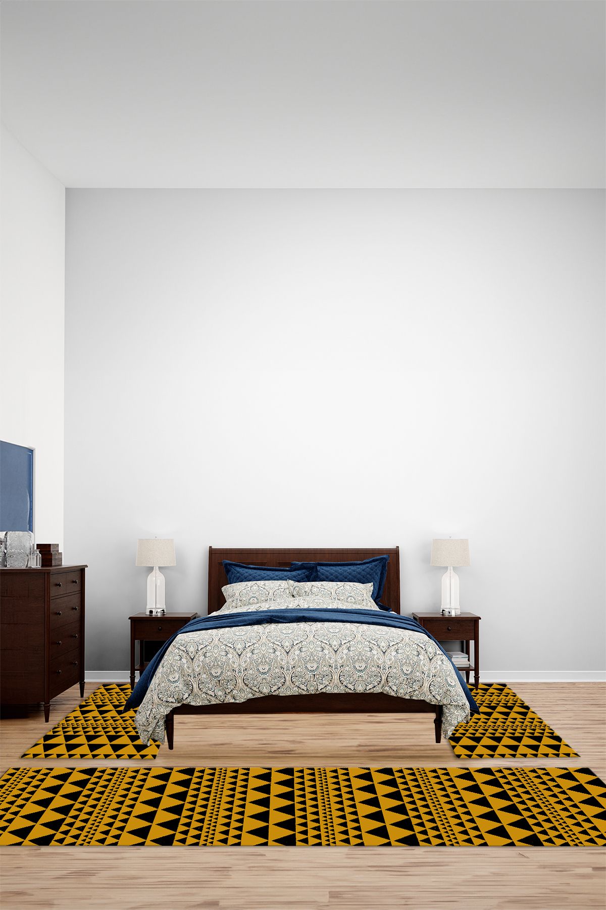 Viyana Home Modern Dijital Kaymaz Taban Üçgen Desenli Yıkanabilir Üçlü Yatak Odası Halısı, YO-MODERN-234-SARI,