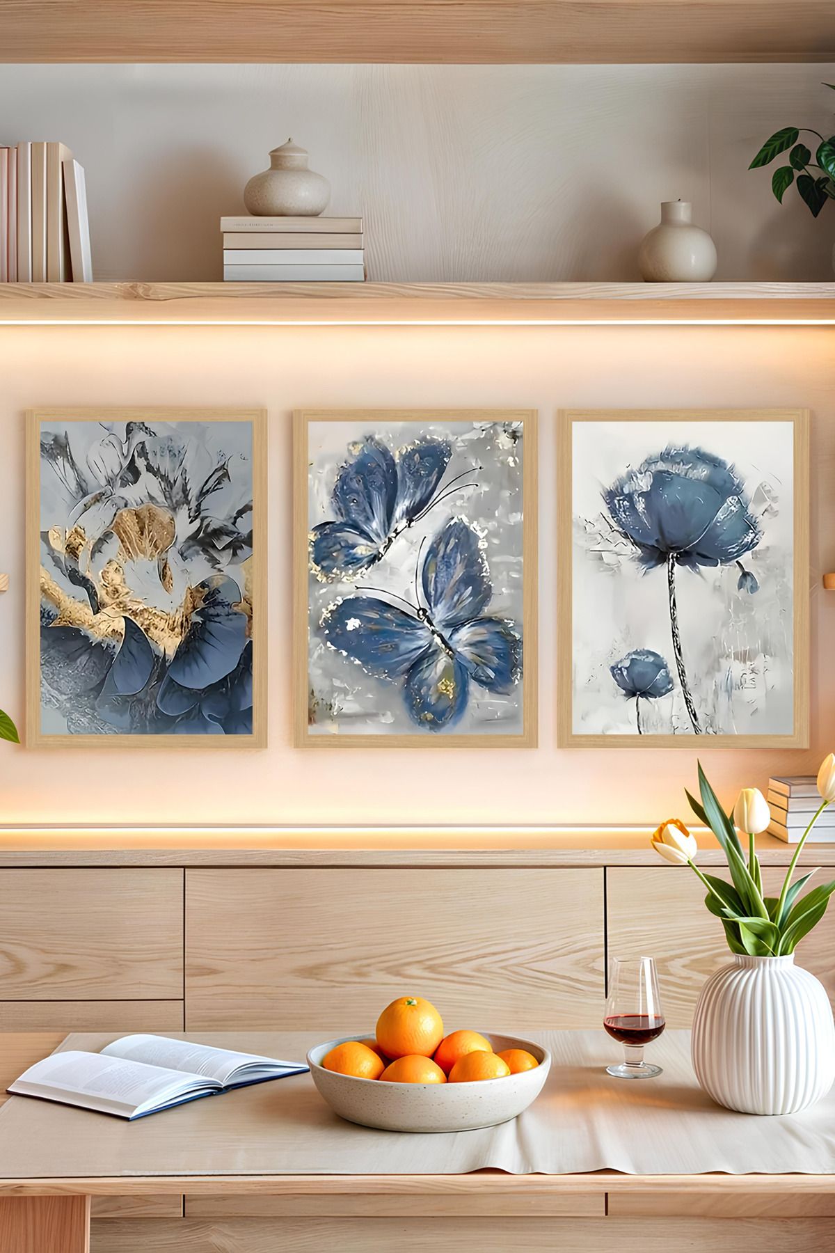 kutuTR 🦋 Mavi Rüya – 3’lü MDF UV Baskılı Modern Sanatsal Tablo Seti (3 Ebat Seçeneği) CRVS1027