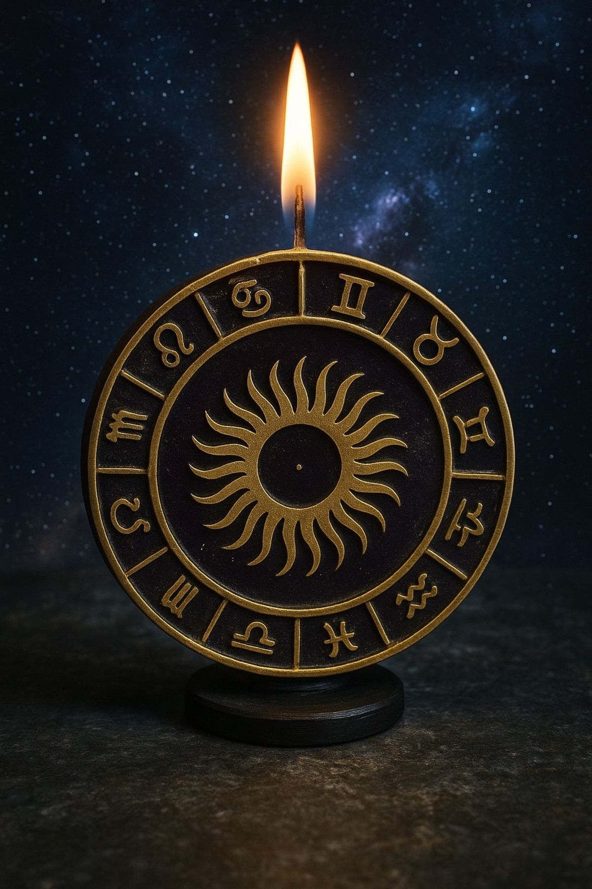 FANTASTİK SANAT ATÖLYESİ Galaktik Ritüel Mumu – Astroloji & Burç Sembolü – Şans & Para Enerjili – 9 cm | Dekoratif Hediyelik