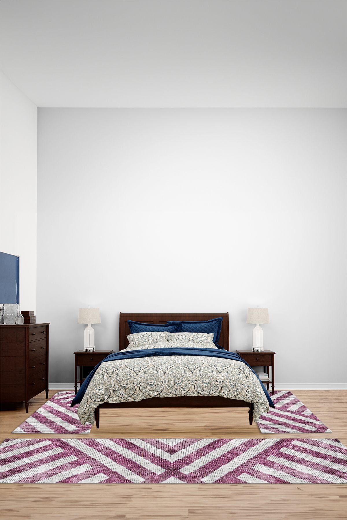 Viyana Home Modern Dijital Kaymaz Çizgili Desen Yıkanabilir Üçlü Yatak Odası Halısı, YO-MODERN-221-PEMBE,