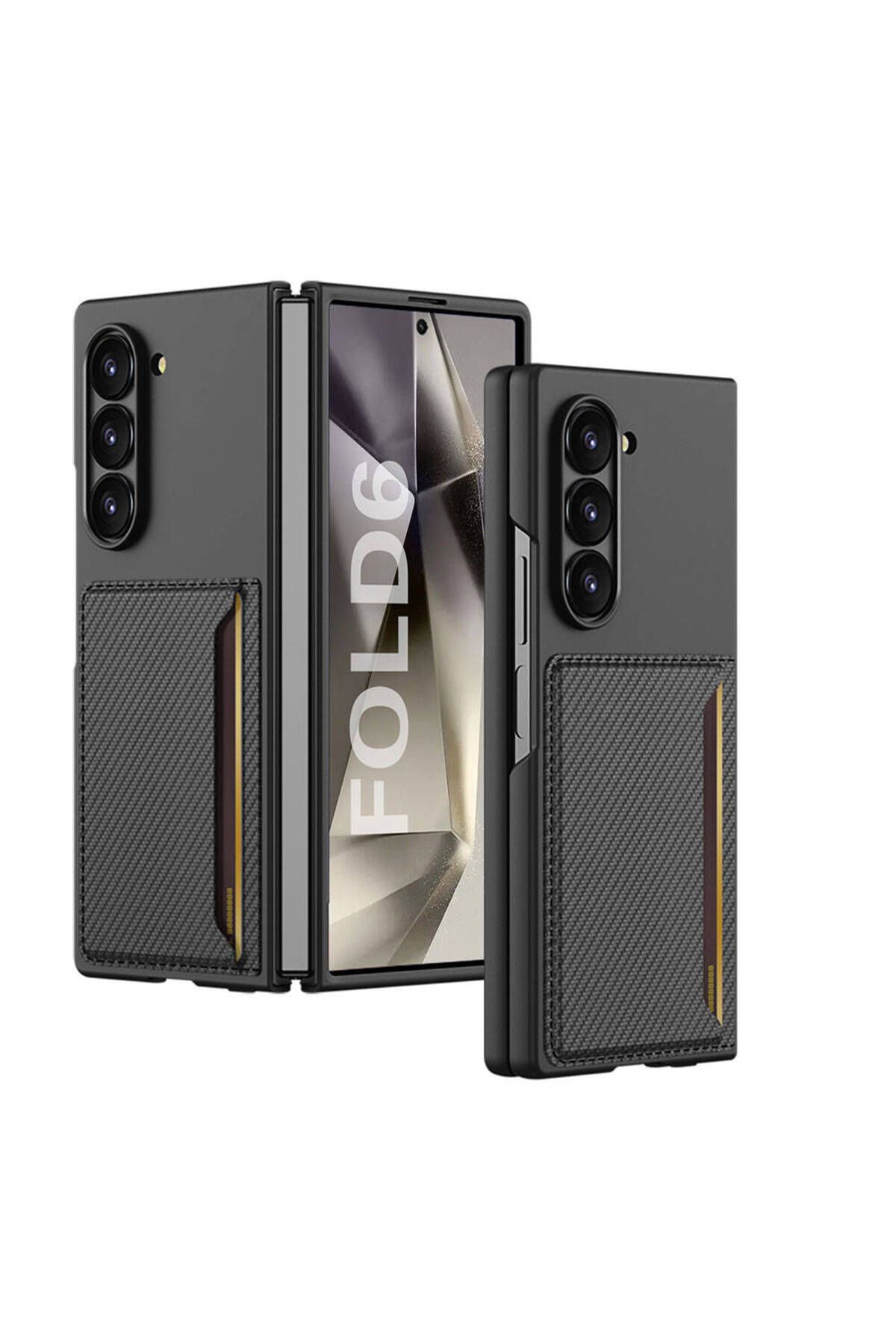 Megafox Teknoloji Samsung Galaxy Z Fold 6 Uyumlu Karbonfiber Arka Yüzey Zore Kartlıklı Z-Kart Kıpta Sert Kapak