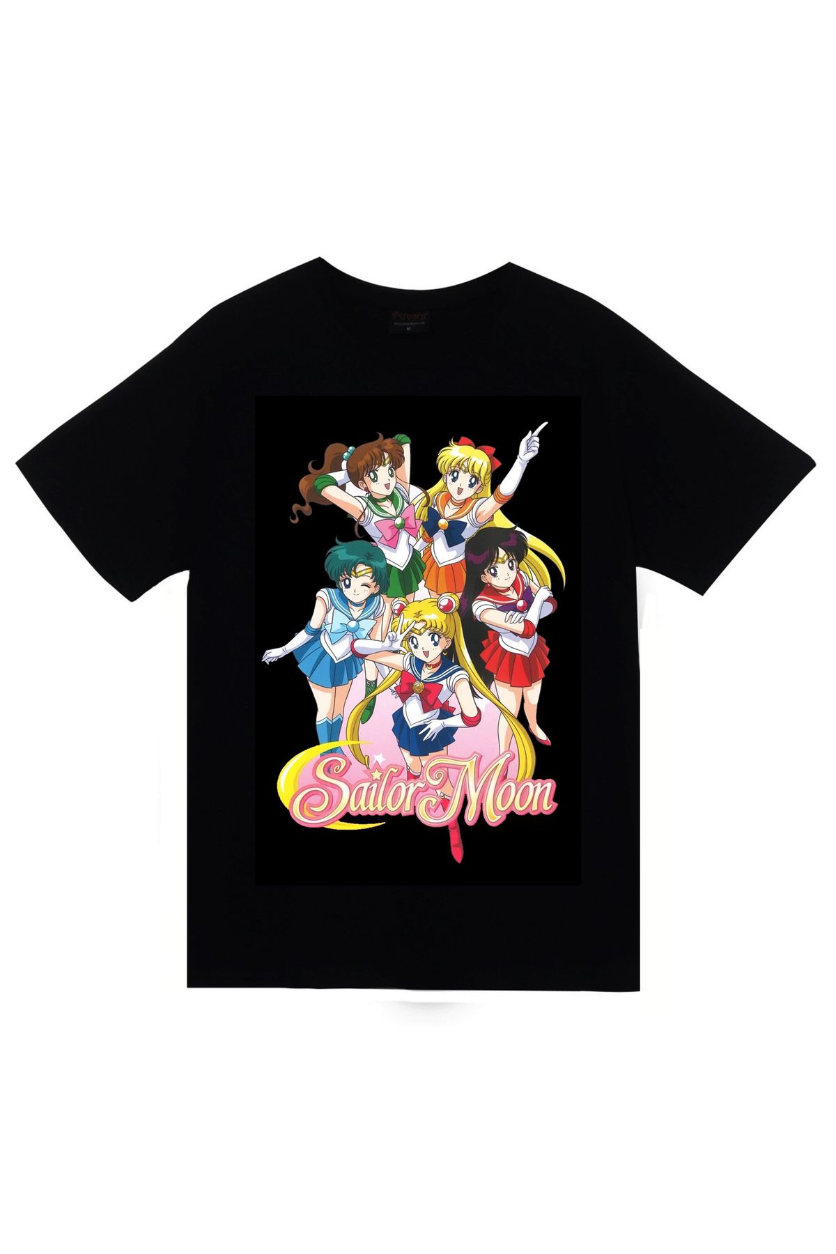 fame-stoned Sailor Moon Anime Baskılı Unisex %100 Pamuk Siyah T-shirt
