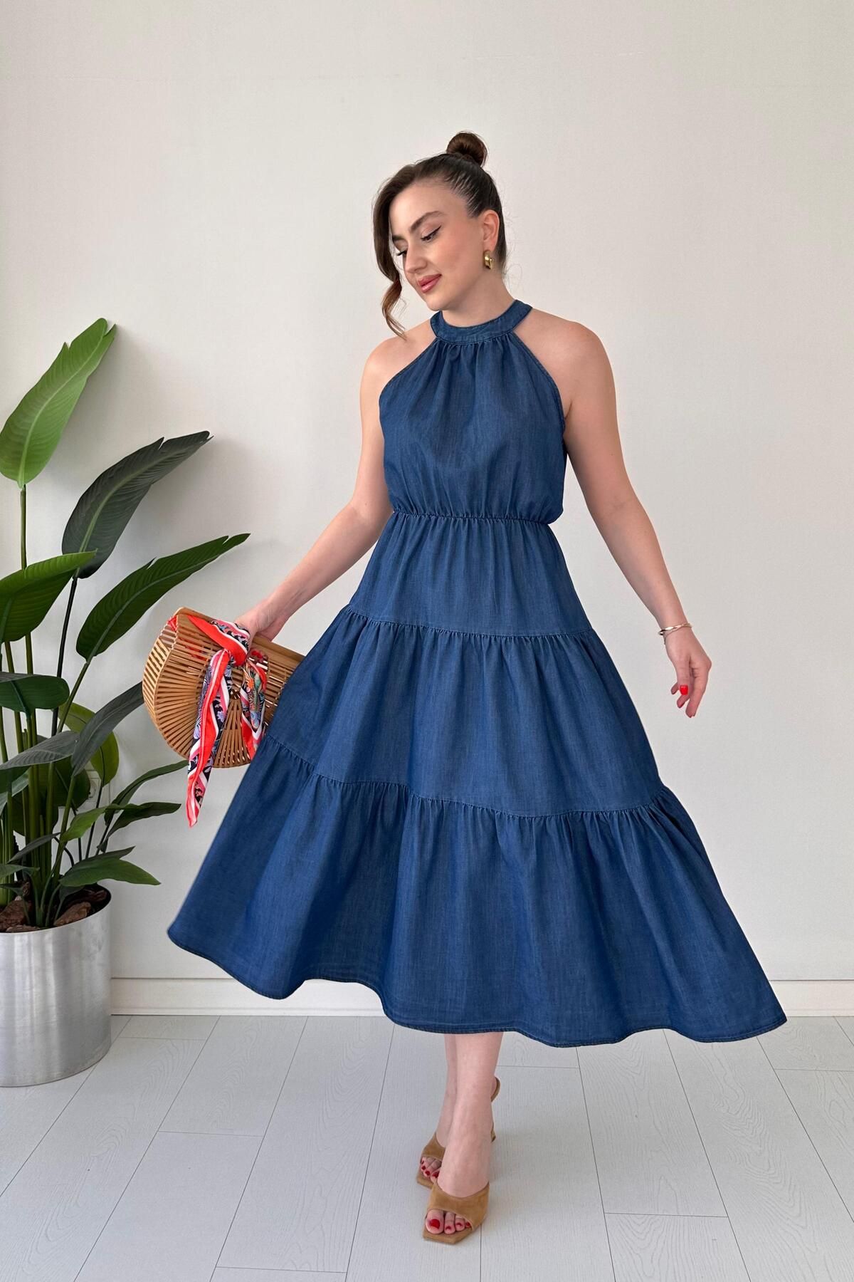 MaziButik Halter Denim Elbise Lacivert