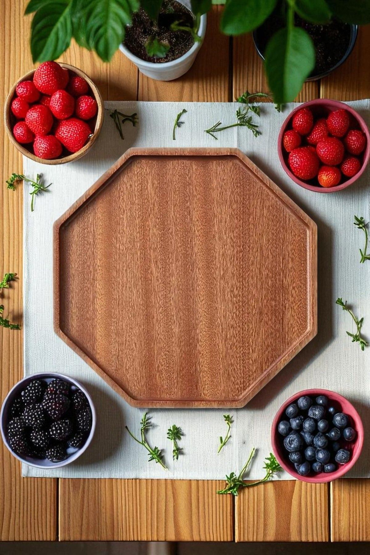 OK Wood Lüks Doğal Ahşap Çokgen Sunum Tepsisi 25x25 cm | Modern, Kahvaltı, Servis, Dekoratif Çeyizlik Tepsi