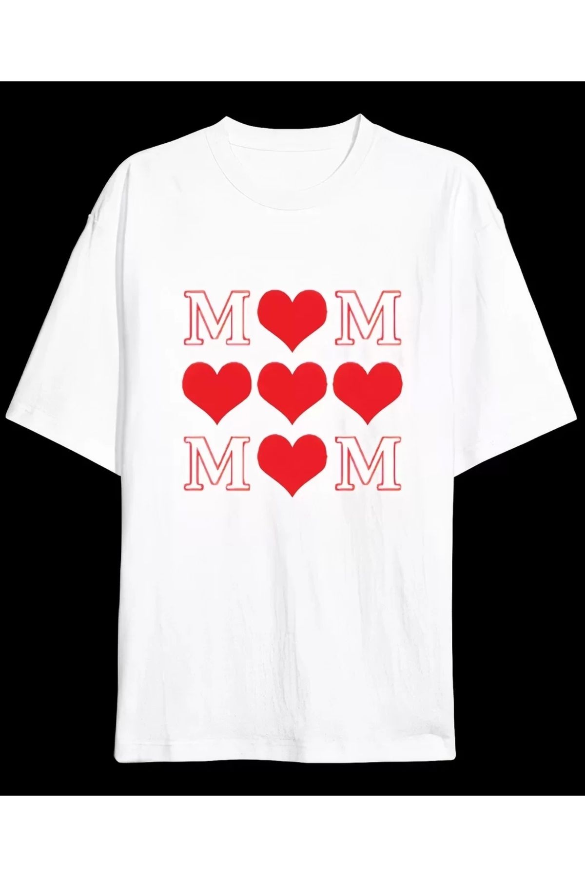 AE Stil Anneler Gününe Özel Tasarım MOM Kalp Baskılı T-shirt - Beyaz