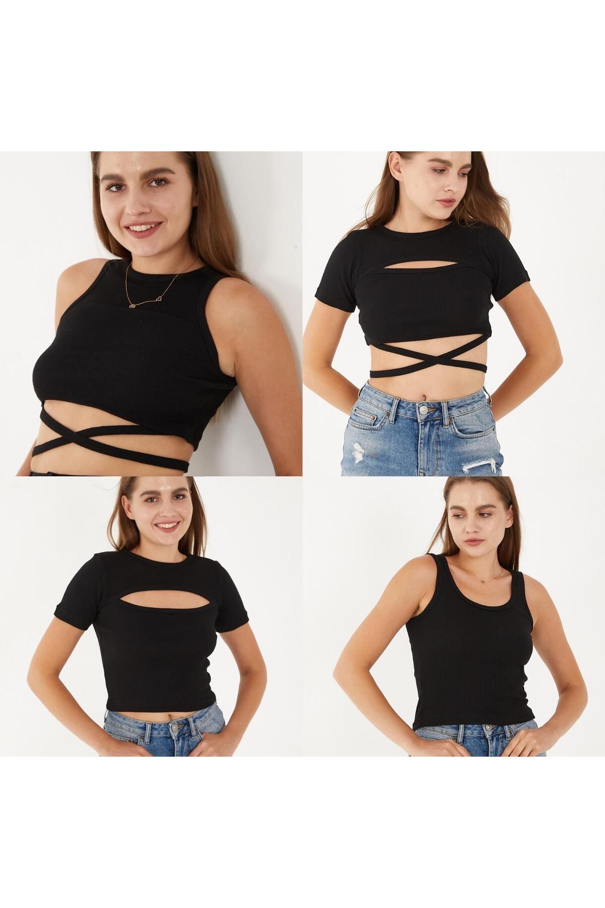 SWALORA 4'lü Takım Fitilli Pamuklu Mix Bluz, T-Shirt, Crop Seti