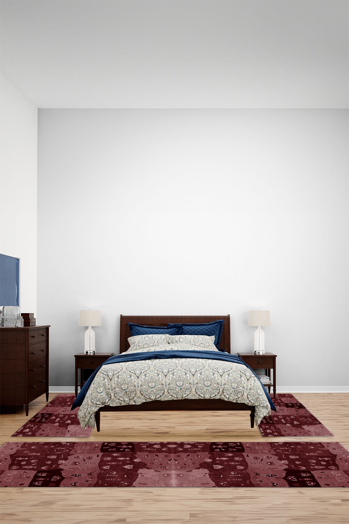 Viyana Home Dijital Baskılı Kaymaz Yıkanabilir Patchwork Desen Üçlü Yatak Odası Halısı, YO-PATCHWORK-59-BORDO,