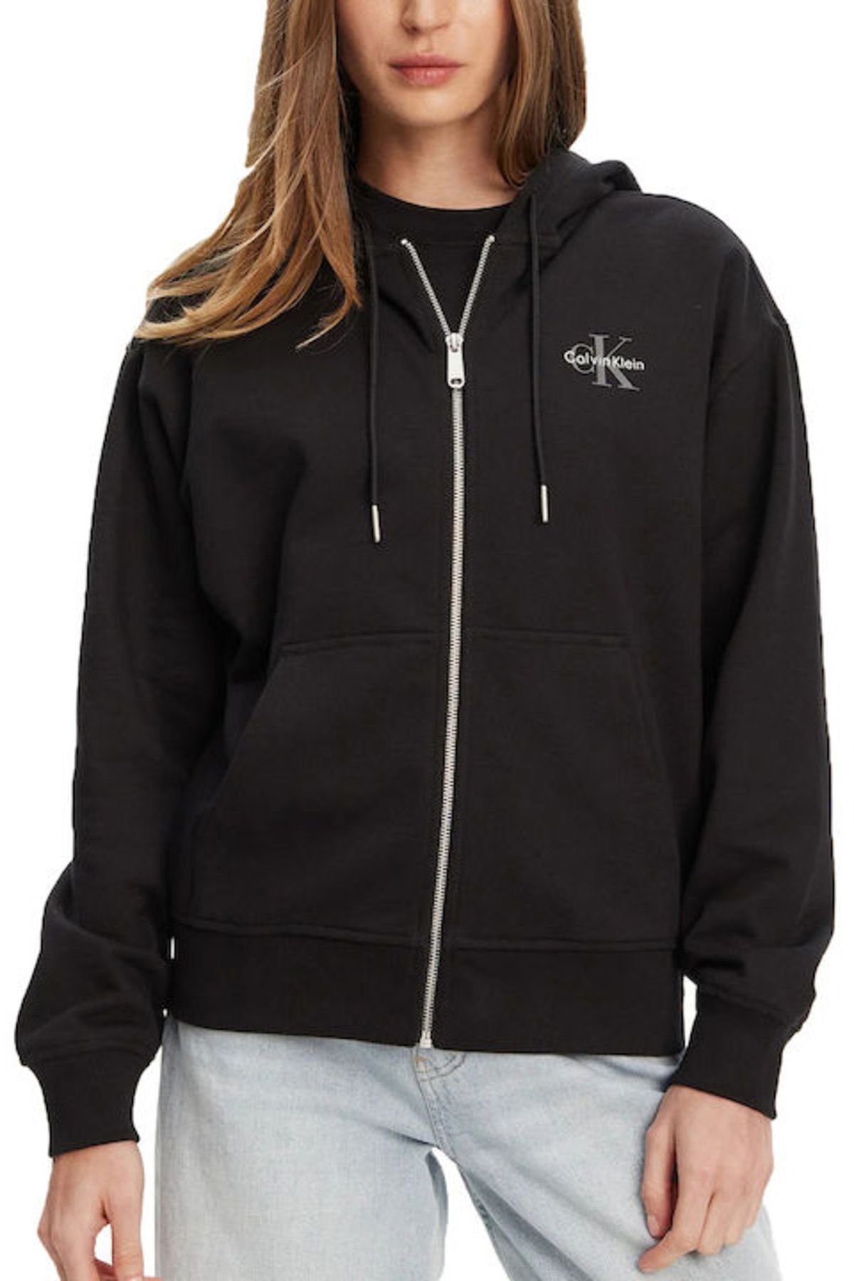 Calvin Klein Kadın Boyfriend Fit Kapüşonlu Fermuarlı Sweatshirt - Siyah