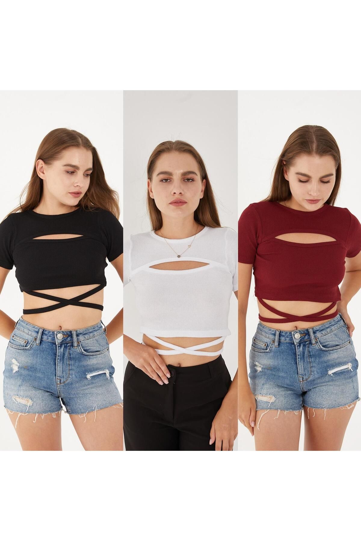 SWALORA 3'lü Takım Fitilli Beli Çapraz Bağlamalı Göğüs Dekolteli Mix Bluz, T-Shirt, Crop Seti