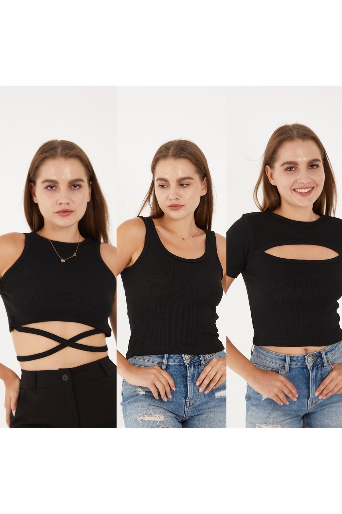 SWALORA 3'lü Takım Fitilli Pamuklu Mix Bluz, T-Shirt, Crop Seti
