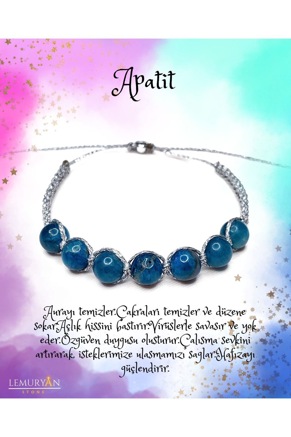 Herkimer Doğal Taş Apatit Silver İpli Ayarlanabilir Doğaltaş Bileklik