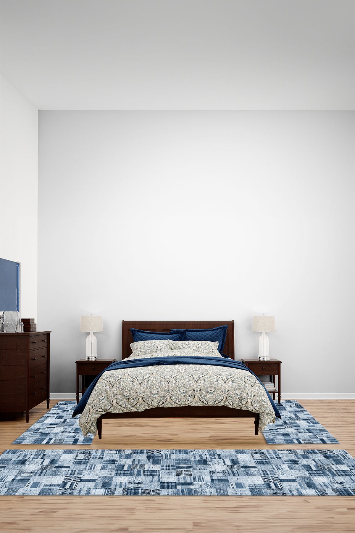 Viyana Home Dijital Baskılı Kaymaz Yıkanabilir Patchwork Desen Üçlü Yatak Odası Halısı, YO-PATCHWORK-47-MAVİ,