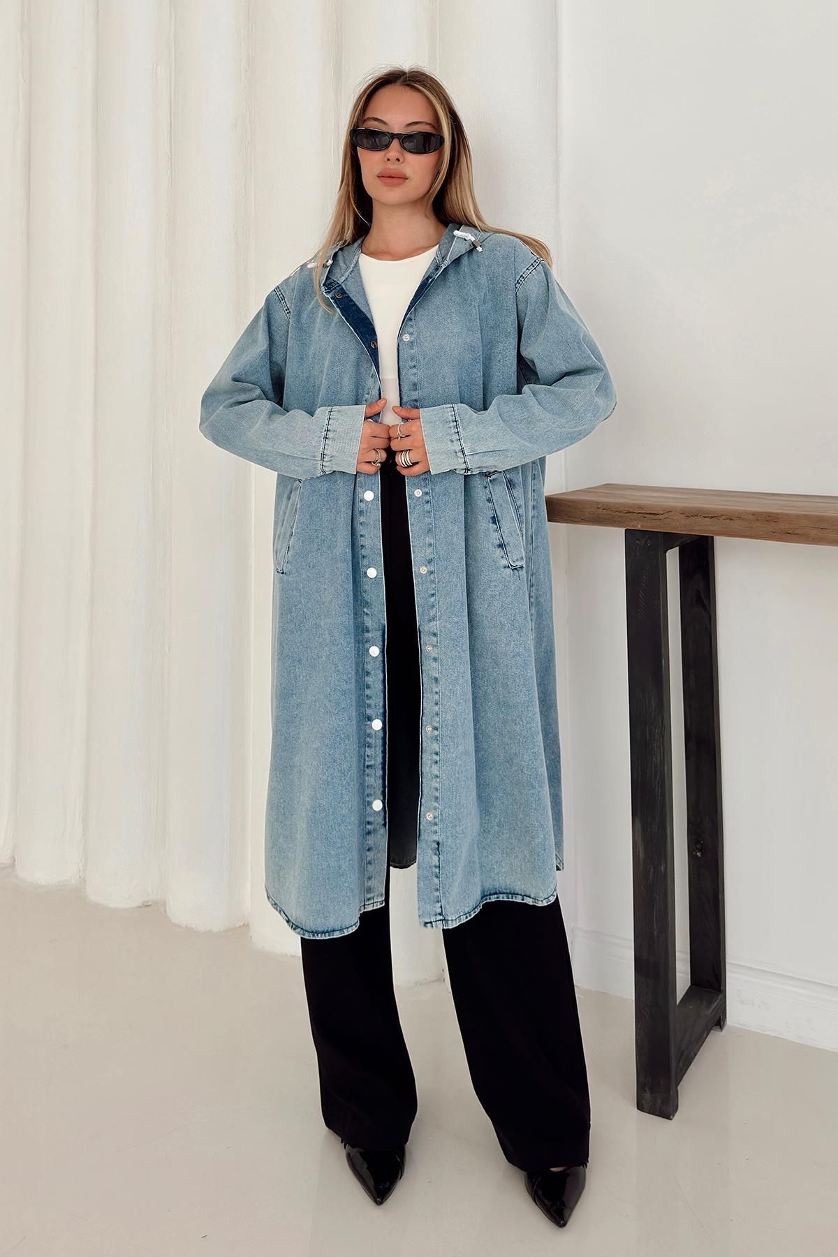 Olcay Kapüşonlu Düşük Kol Salaş Denim Kap MAVİ 6770
