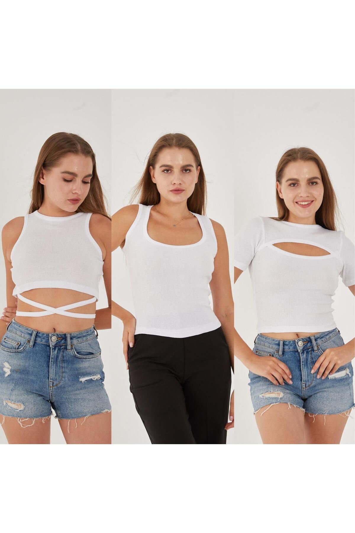 SWALORA 3'lü Takım Fitilli Pamuklu Mix Bluz, T-Shirt, Crop Seti