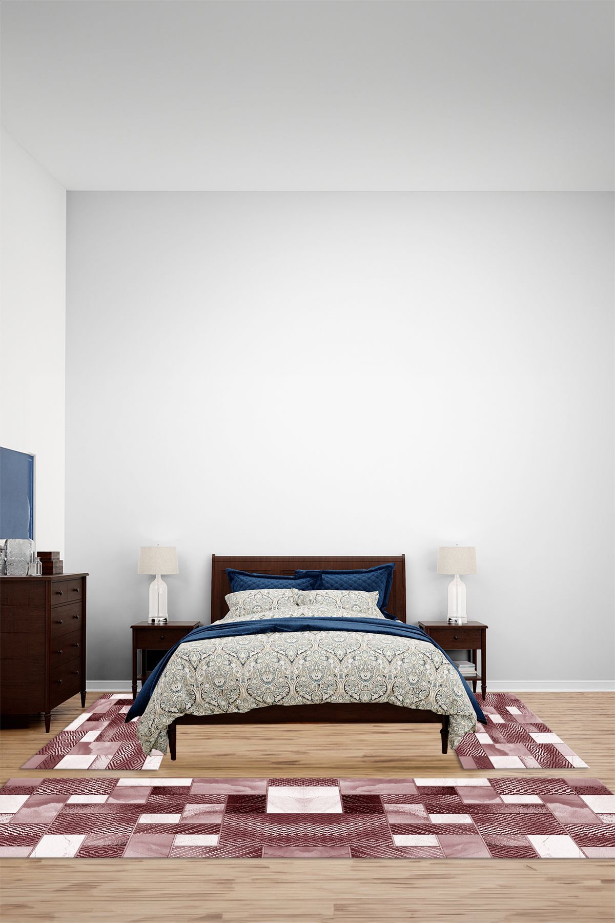 Viyana Home Dijital Baskılı Kaymaz Yıkanabilir Patchwork Desen Üçlü Yatak Odası Halısı, YO-PATCHWORK-51-BORDO,