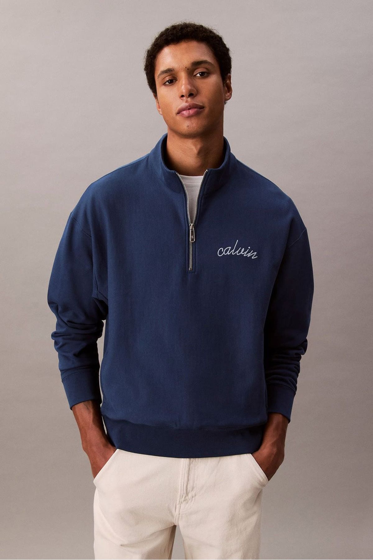 Calvin Klein Erkek Yarım Fermuarlı Logolu Sweatshirt - Mavi