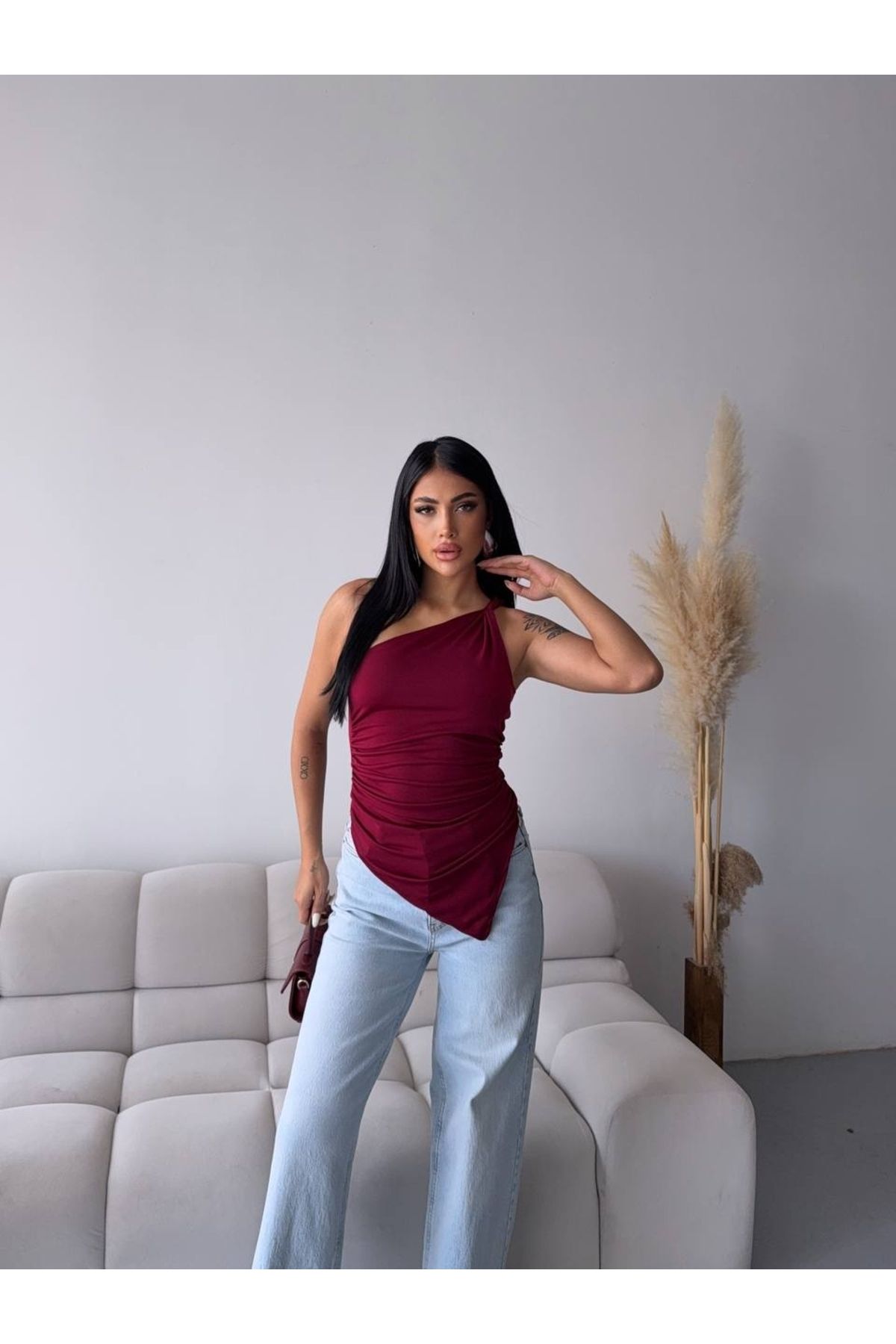 Buklemoda Omuz Detay Tasarım Bluz Bordo