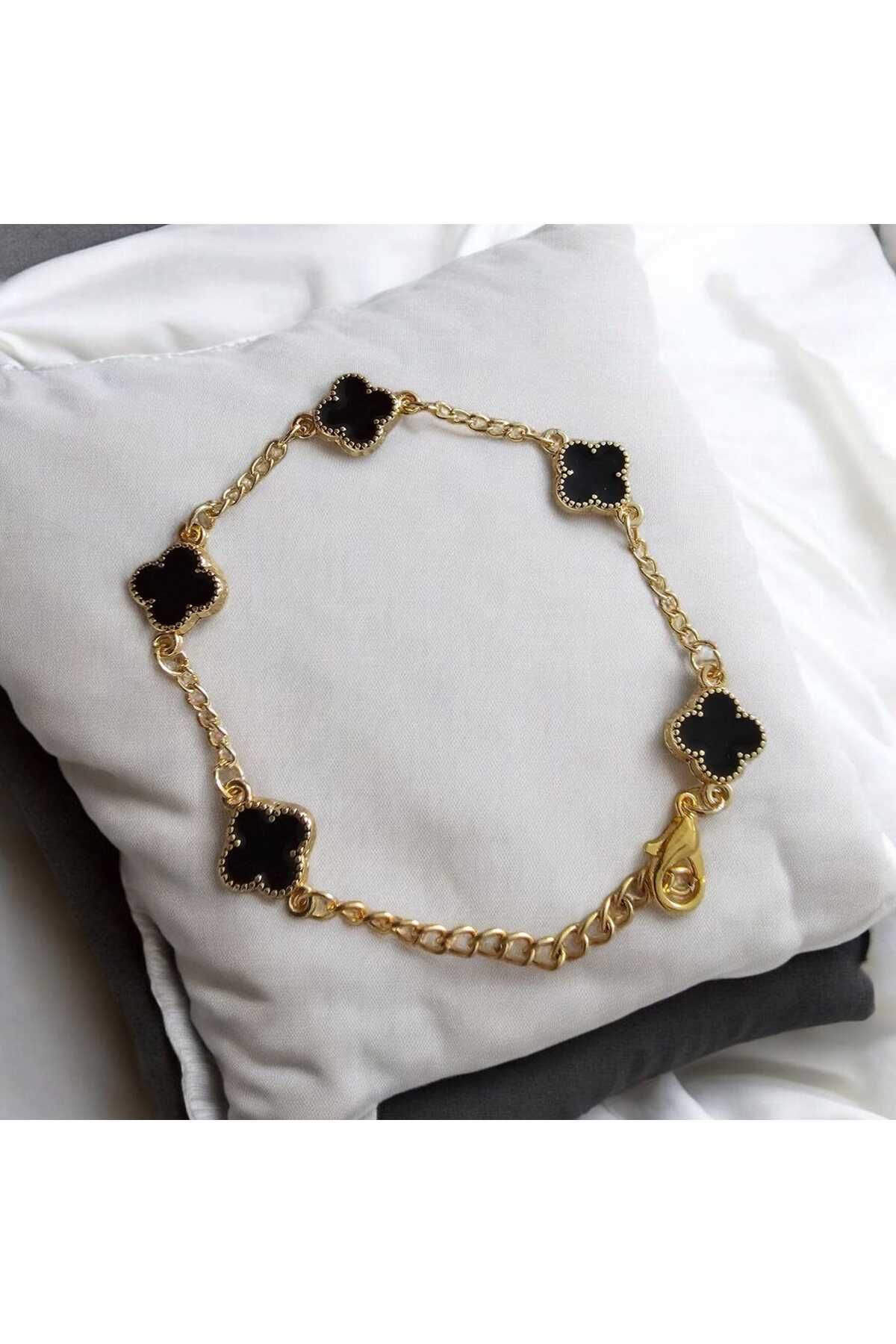 ekacsessories Gold Cleef Model Siyah Çelik Yonca Bileklik
