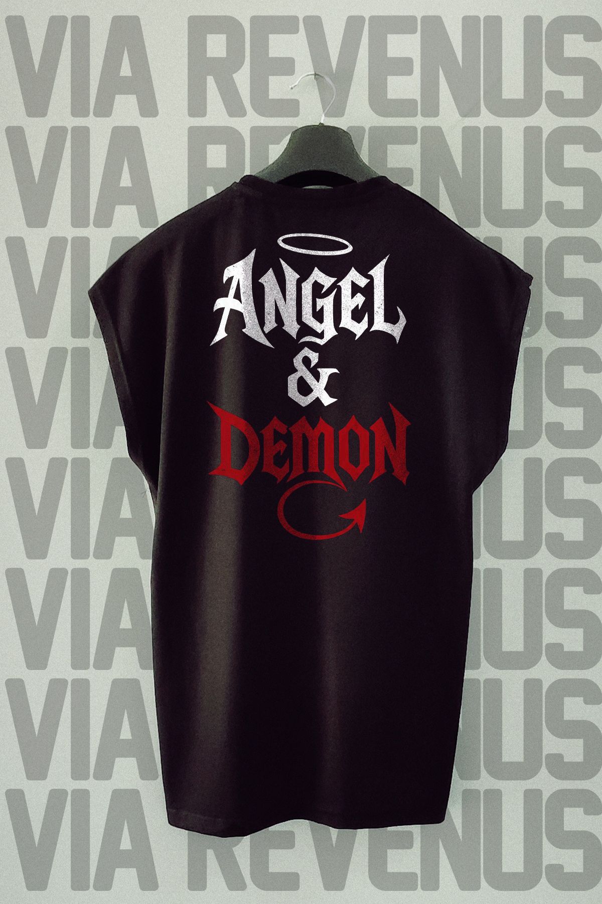 Vordevia Angel & Deamon Sırt Baskılı Sıfır Kollu Bisiklet Yaka Spor Tshirt