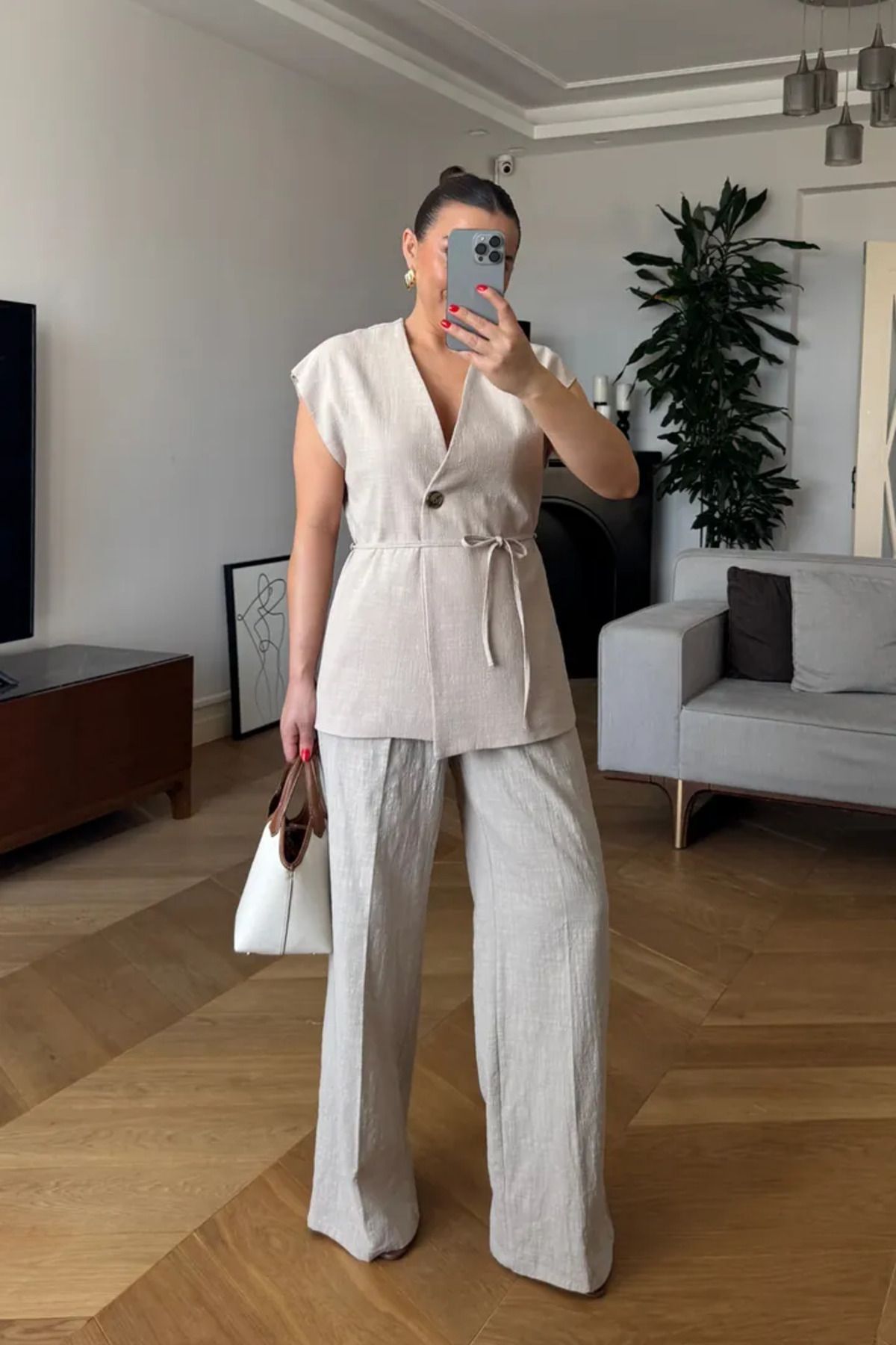 Tuba Butik Kruvaze Yelek Pantolon Keten Kadın Takım