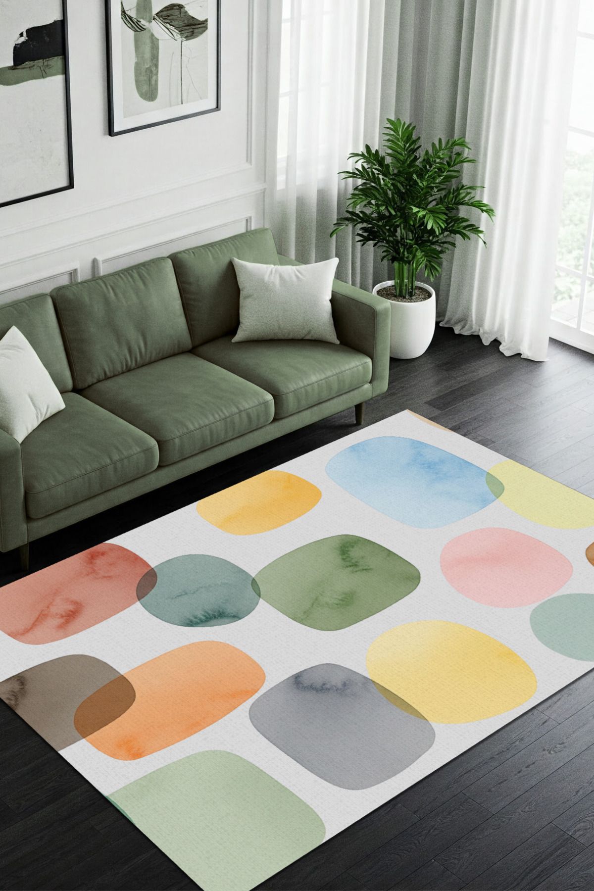 The Reef Design Pastel Renkli Geometrik Desenli Dijital Baskılı Dokuma Kaymaz Tabanlı Yıkanabilir Salon Halısı