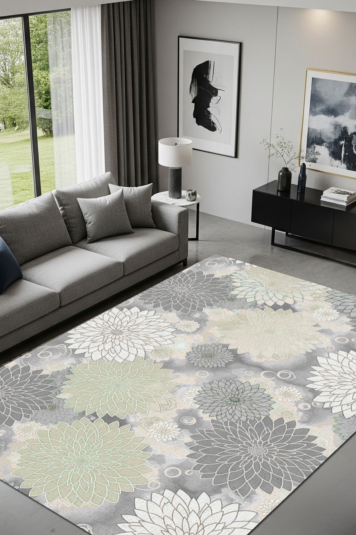 The Reef Design Gri Çiçek Desenli Halı Dijital Baskılı Dokuma Kaymaz Tabanlı Yıkanabilir Salon Antre Yazlık Halısı