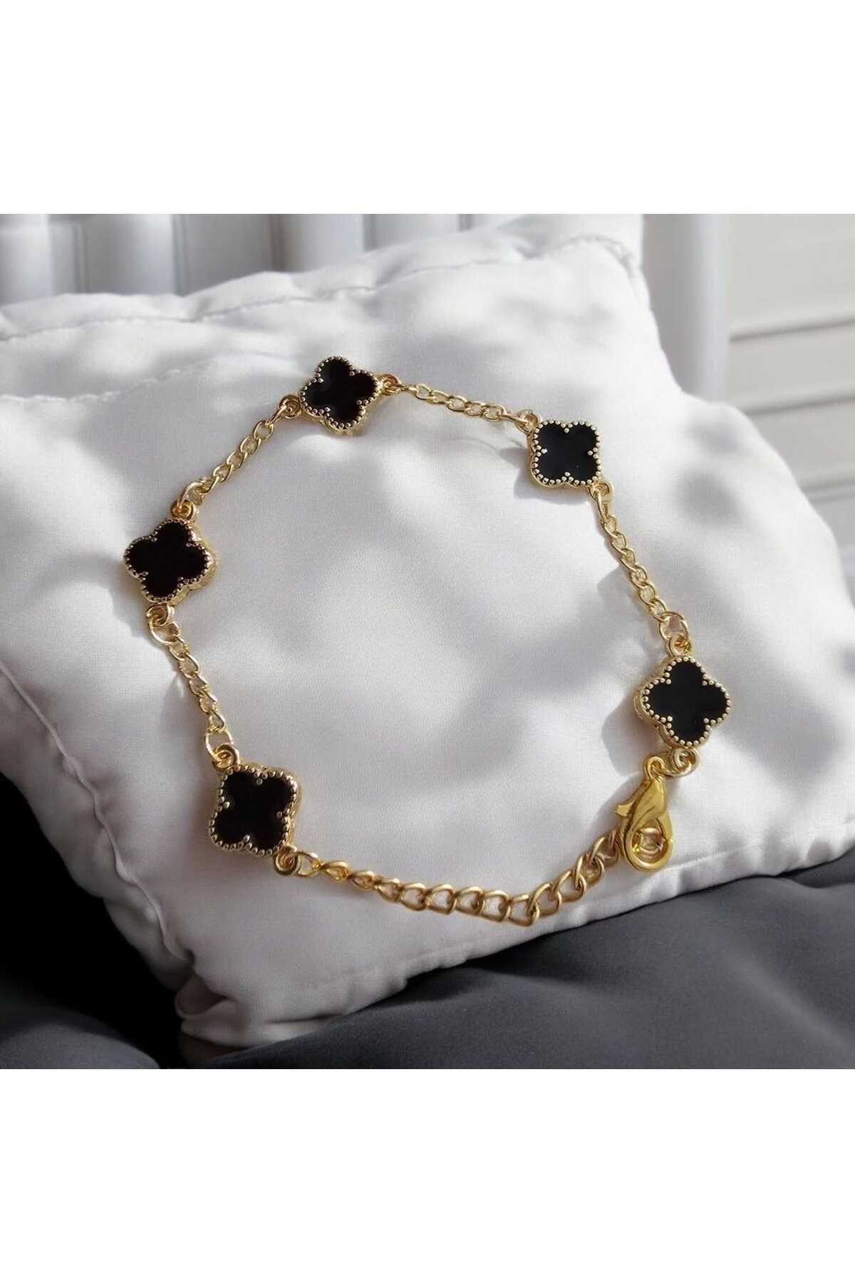 ekacsessories Siyah Mineli Mini Yonca Çelik Bileklik