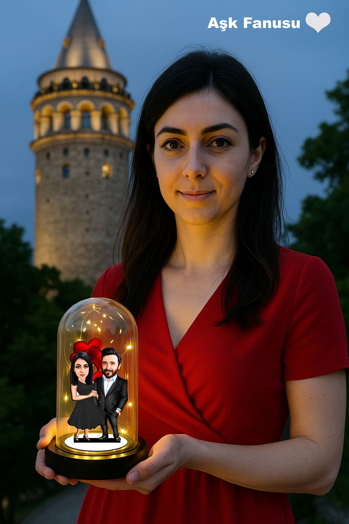 MK Sanart Kişiye Özel Karikatür Sevgili Fanusu – Işıklı Cam Fanus Biblo | 18x10 cm Hediyelik Tasarım