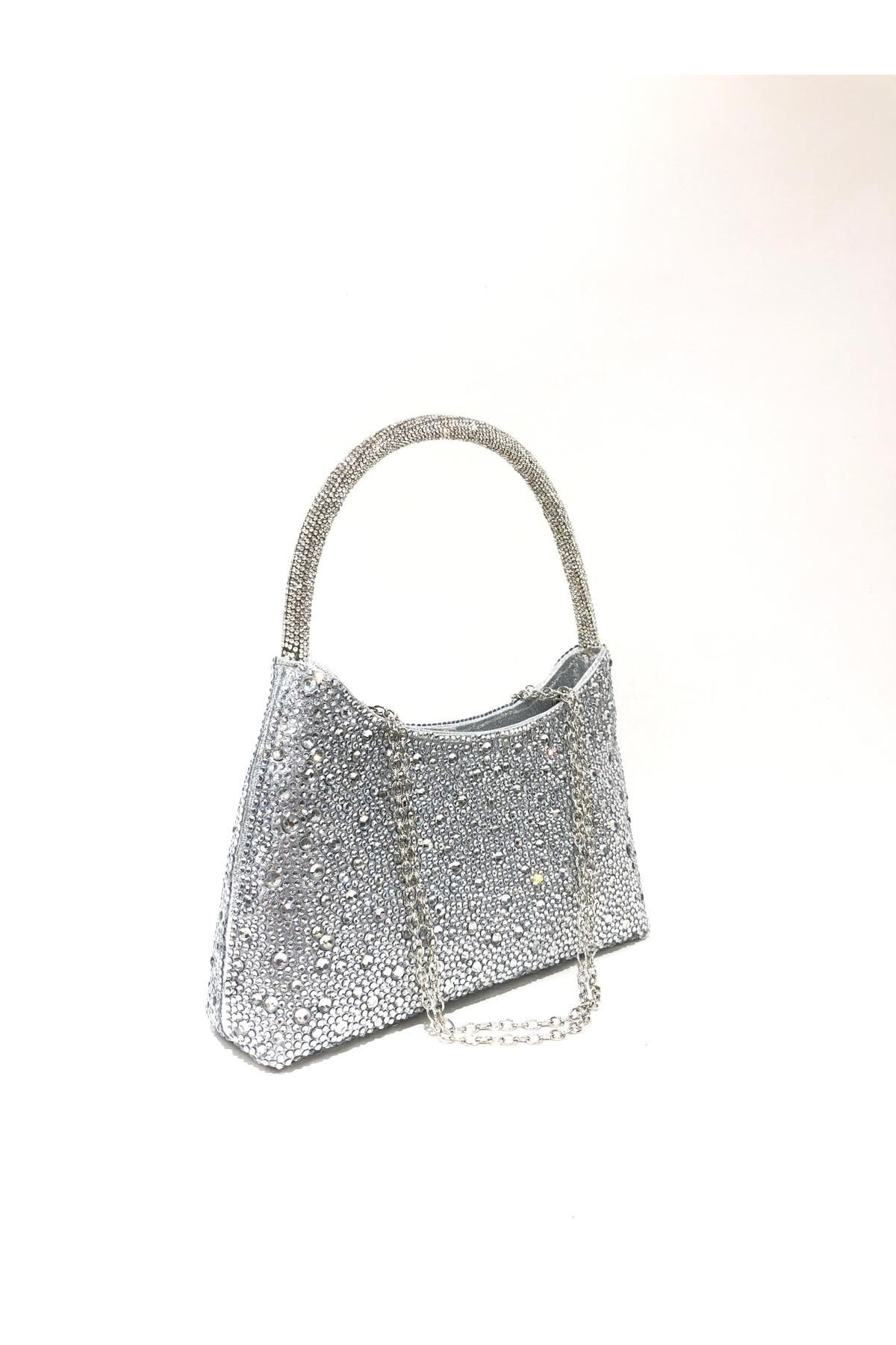 womenacs Gümüş Renk Su Damlası Taşlı Elde Abiye Clutch Portföy Düğün Nişan Kına Kadın Gece Çantası (askılı)