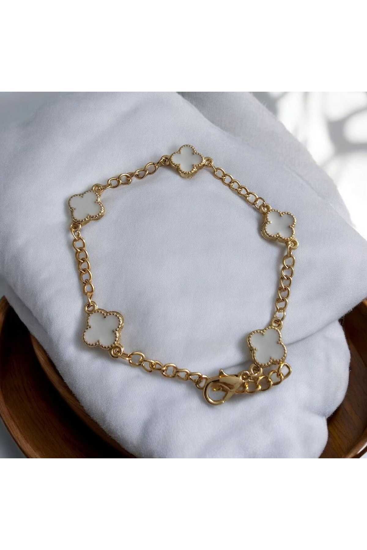 ekacsessories Kadın Gold Beyaz Mini Yonca Çelik Bileklik