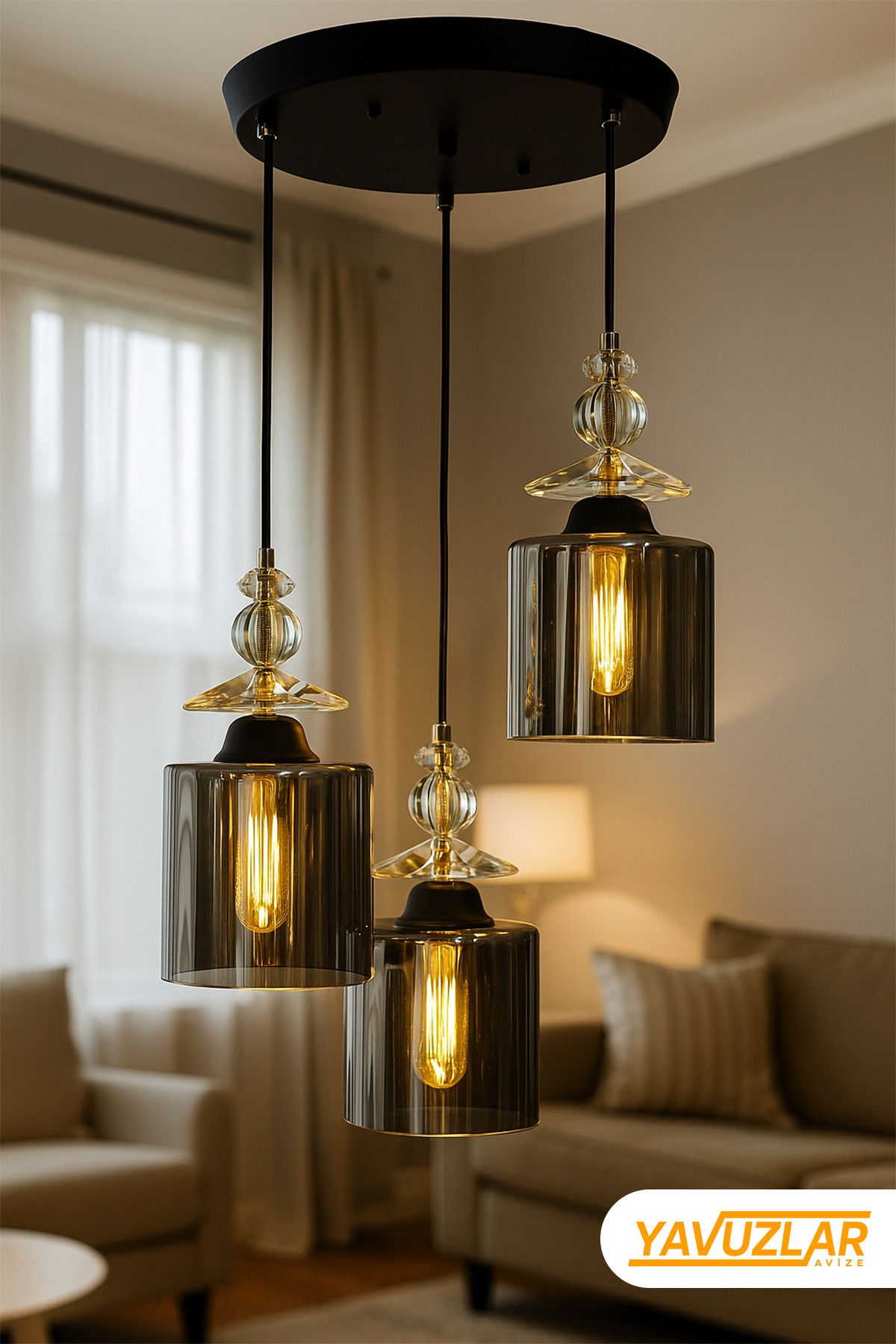 Store Füme 3 Lü Yuvarlak Siyah Modern Sarkıt Mutfak Oturma Odası Salon Sarkıt Avize