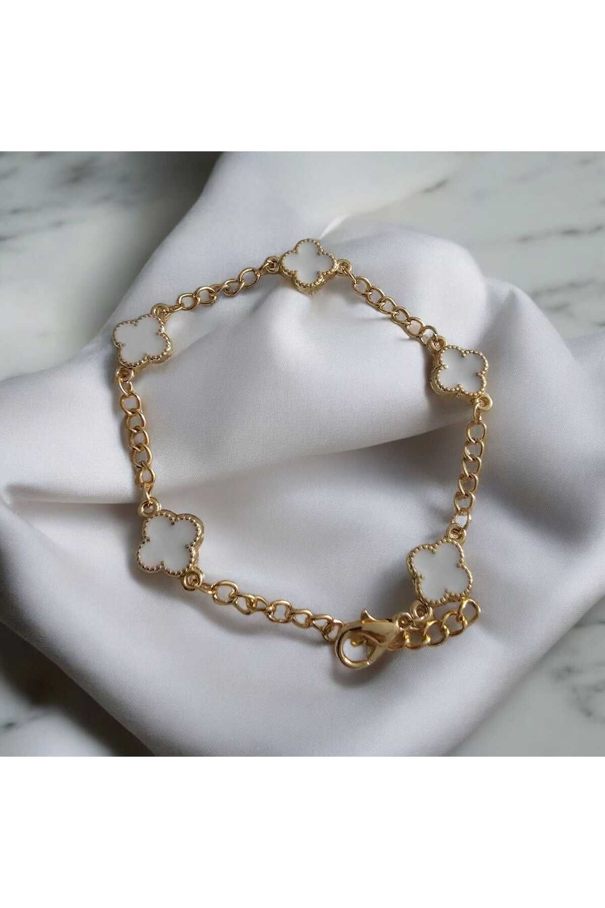 ekacsessories Beyaz Mini Yonca Gold Bileklik