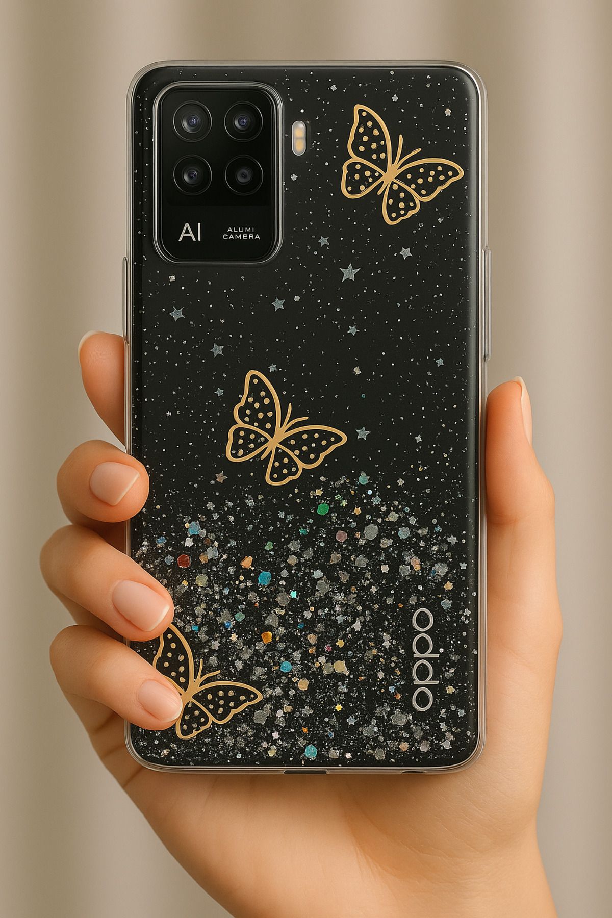 Rivor Oppo Reno 4 Lite Uyumlu Kılıf Kamera Çıkıntılı Simli Kelebek Kabartmalı Desenli İnce Premium Kapak