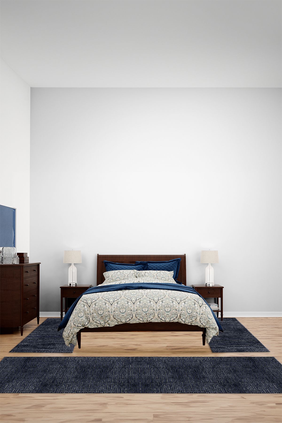 Viyana Home Dijital Kaymaz Yıkanabilir Sade Çizgili Afgan Modelli Üçlü Yatak Odası Halısı, YO-SADE-156-LACİVERT,