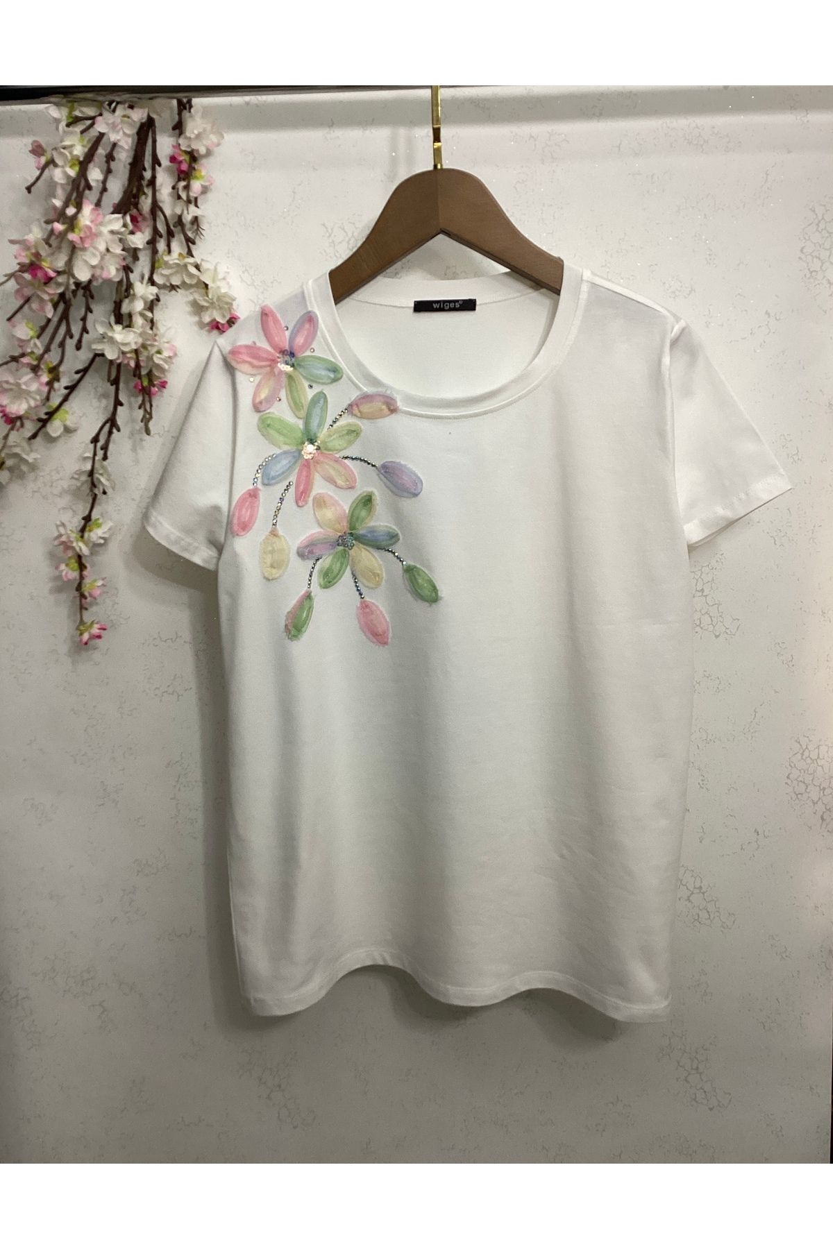 Wiges Kadın Bisiklet Yaka Çiçek Desenli Özel Tasarım T-shirt