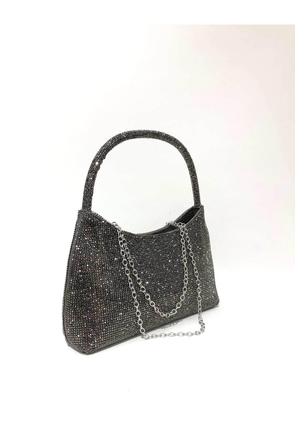 womenacs Platin Renk Taşlı Elde Tutmalı Abiye Clutch Portföy Düğün Nişan Kına Kadın Gece Çantası (askılı)