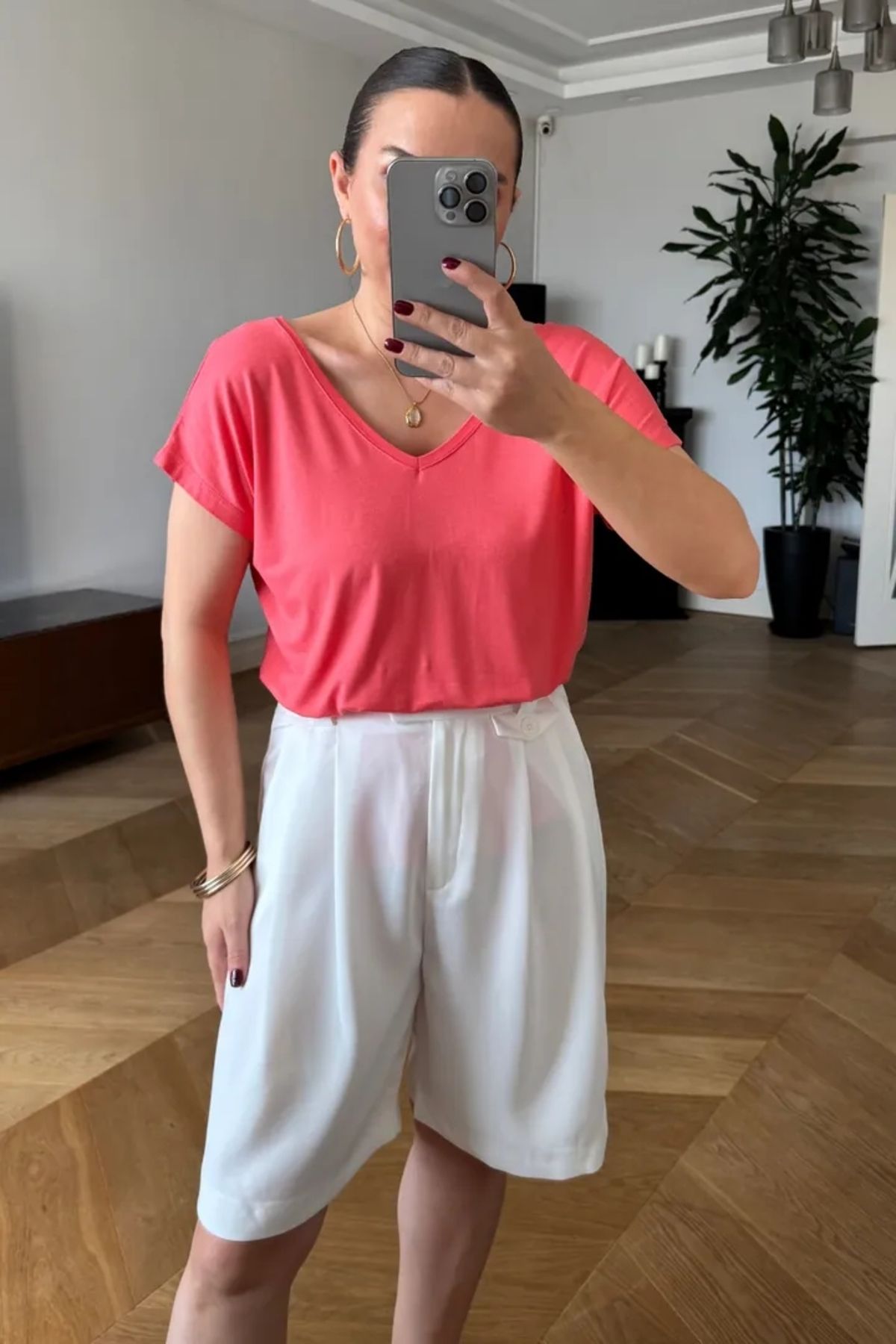 Tuba Butik Ön Arka V Kısa Kollu Kadın Tişört