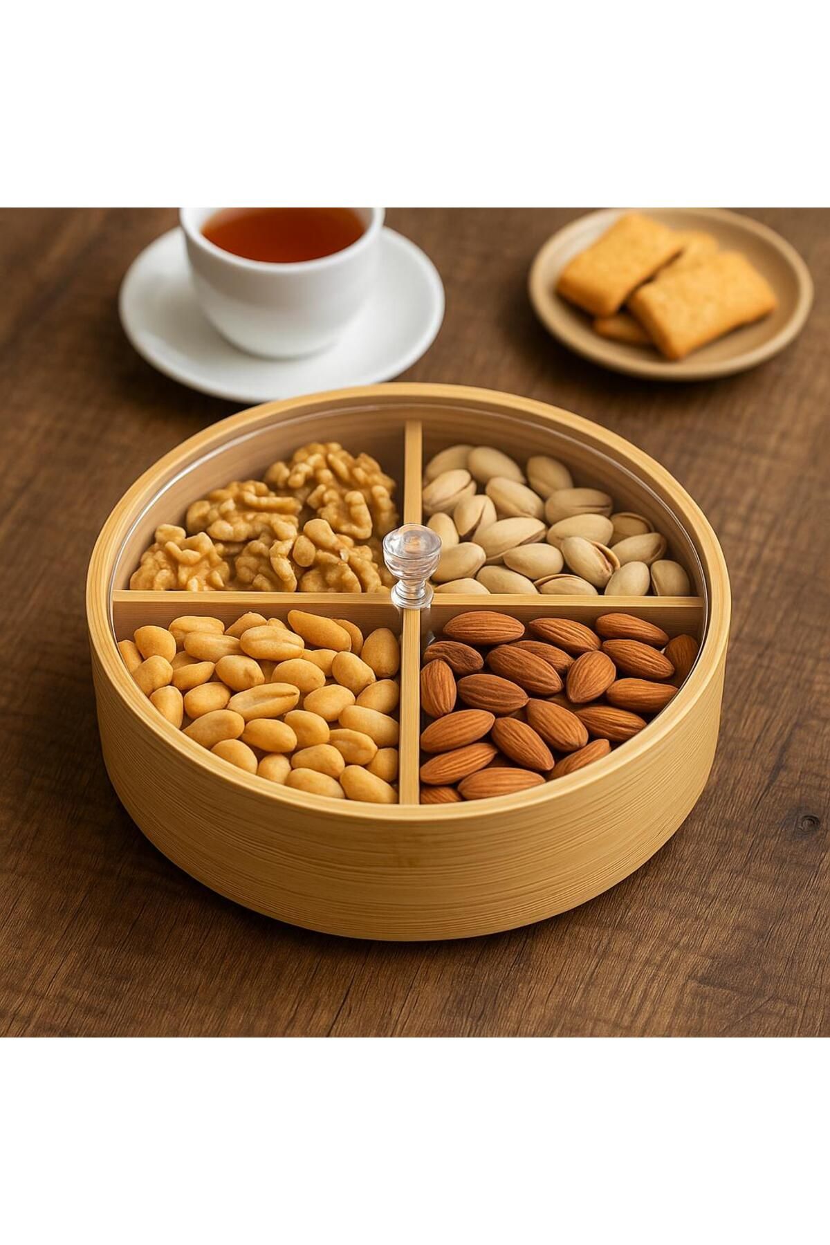ENYAZA(2024) Bambu 4 Bölmeli Kahvaltılık & Çerezlik Akrilik Kapaklı 24 Cm