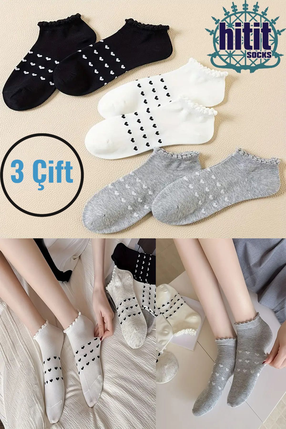Hitit Socks Kadın 3 Çift Premium Kalite Kalp Desenli Volanlı Patik Karışık Renkli