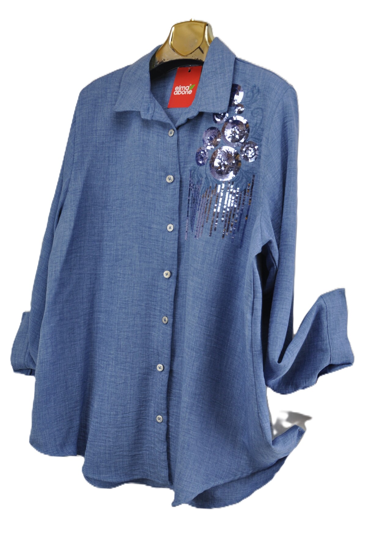 elma abone  KETEN HALKA NAKIŞLI GÖMLEK - Görsel 4