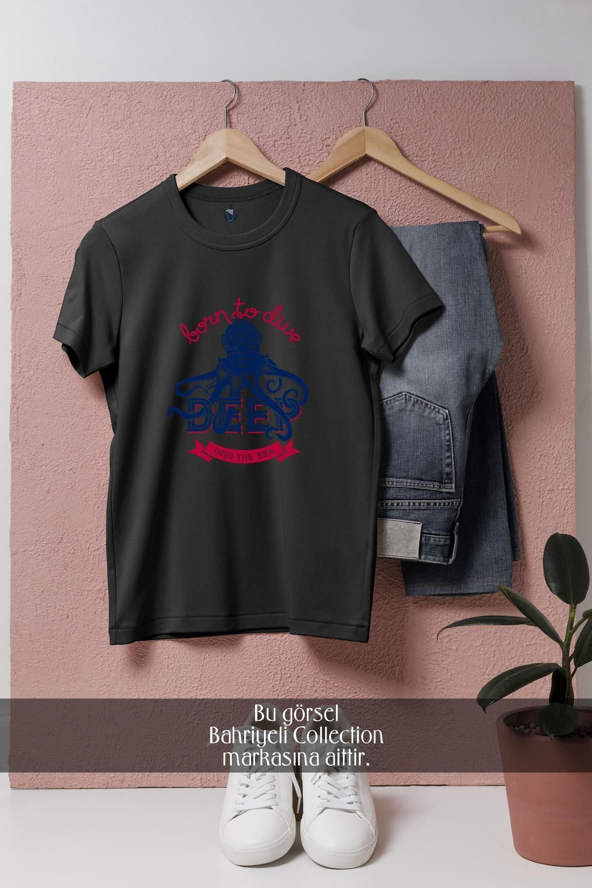 Bahriyeli Collection Oversize Born To Dive Ahtapot Tasarımlı Unisex T-Shirt