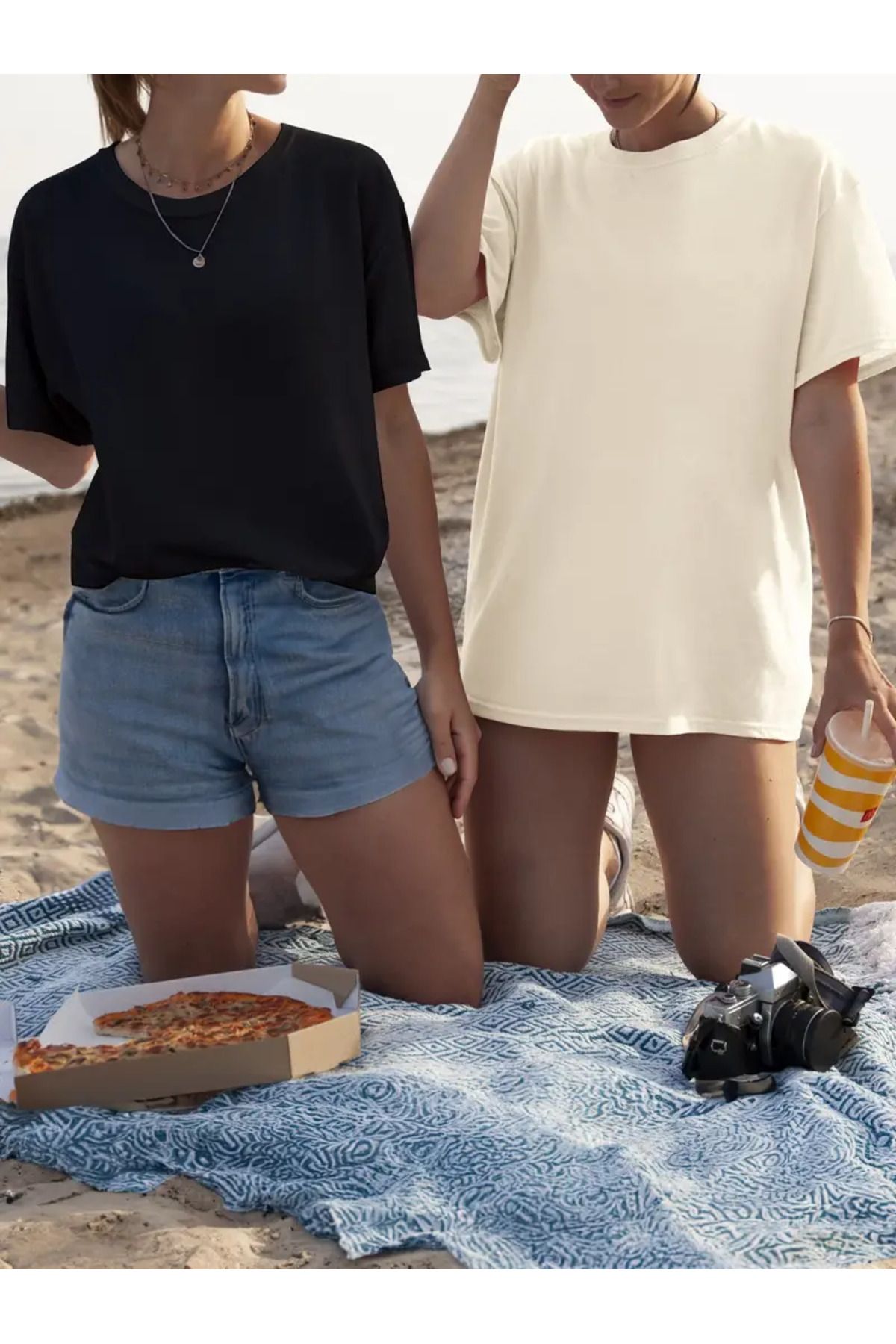 CLASİVA Ocean Beach Baskılı iki li Takım Unisex Oversize Bisiklet Yaka T-shirt