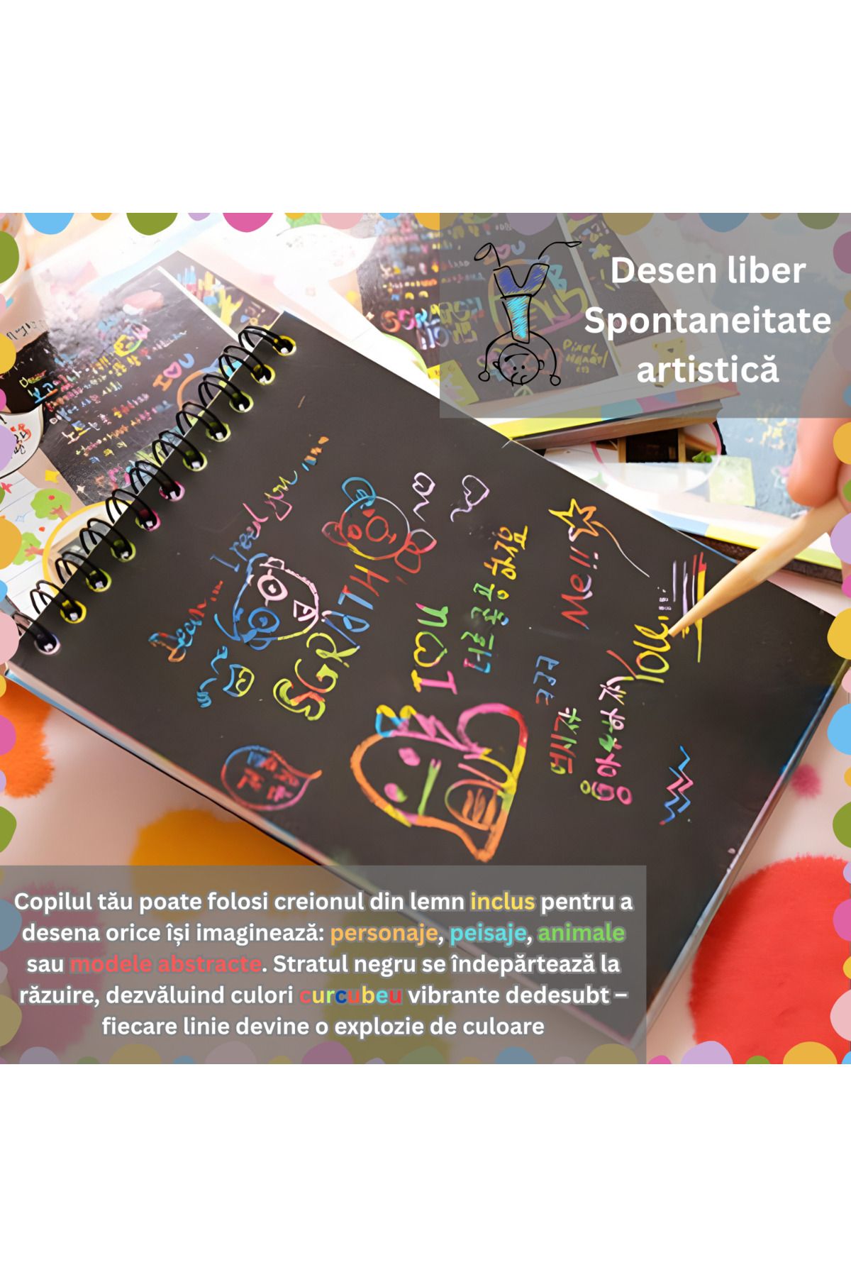 Tim-Set of 4 notebooks with scratch-off pages, Magic Scratch, 10 Pages, Rainbow, Wooden Pencil, Black Cards 7