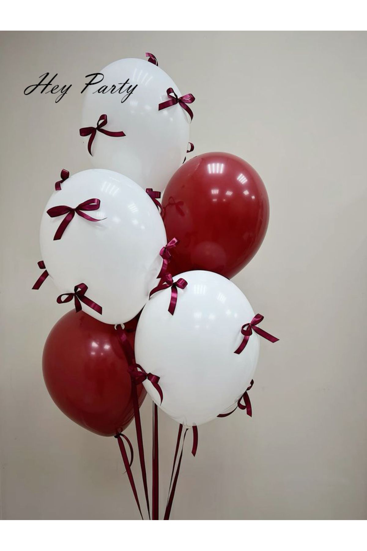 PartyPoo Bordo Fiyonk Kurdeleli Bordo Beyaz Balon Seti 10'lu- Doğum Günü Seti Fiyonklu Balon, Kurdeleli Balon
