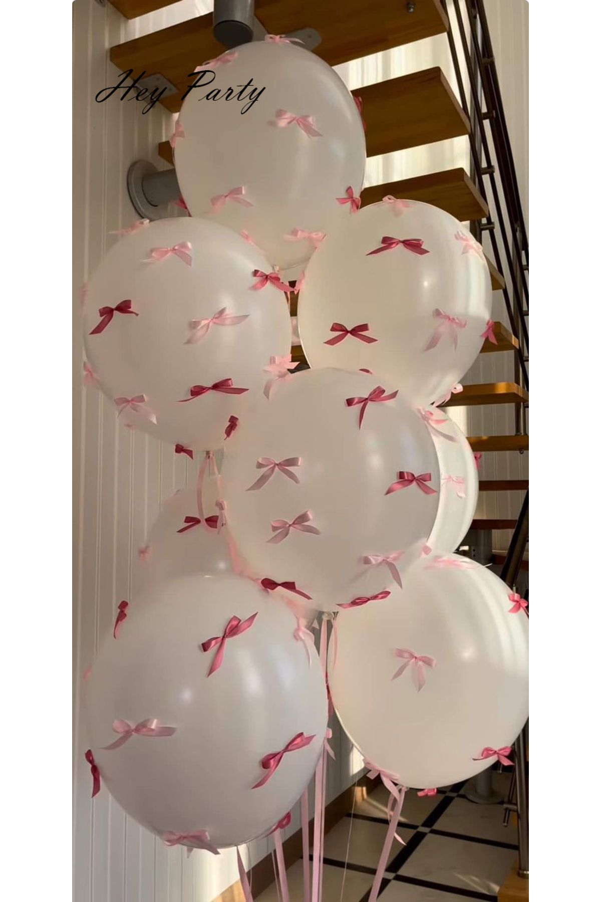 PartyPoo Pembe Fuşya Fiyonk Kurdeleli Beyaz Balon Seti 10'lu- Doğum Günü Seti Fiyonklu Balon, Kurdeleli Balon